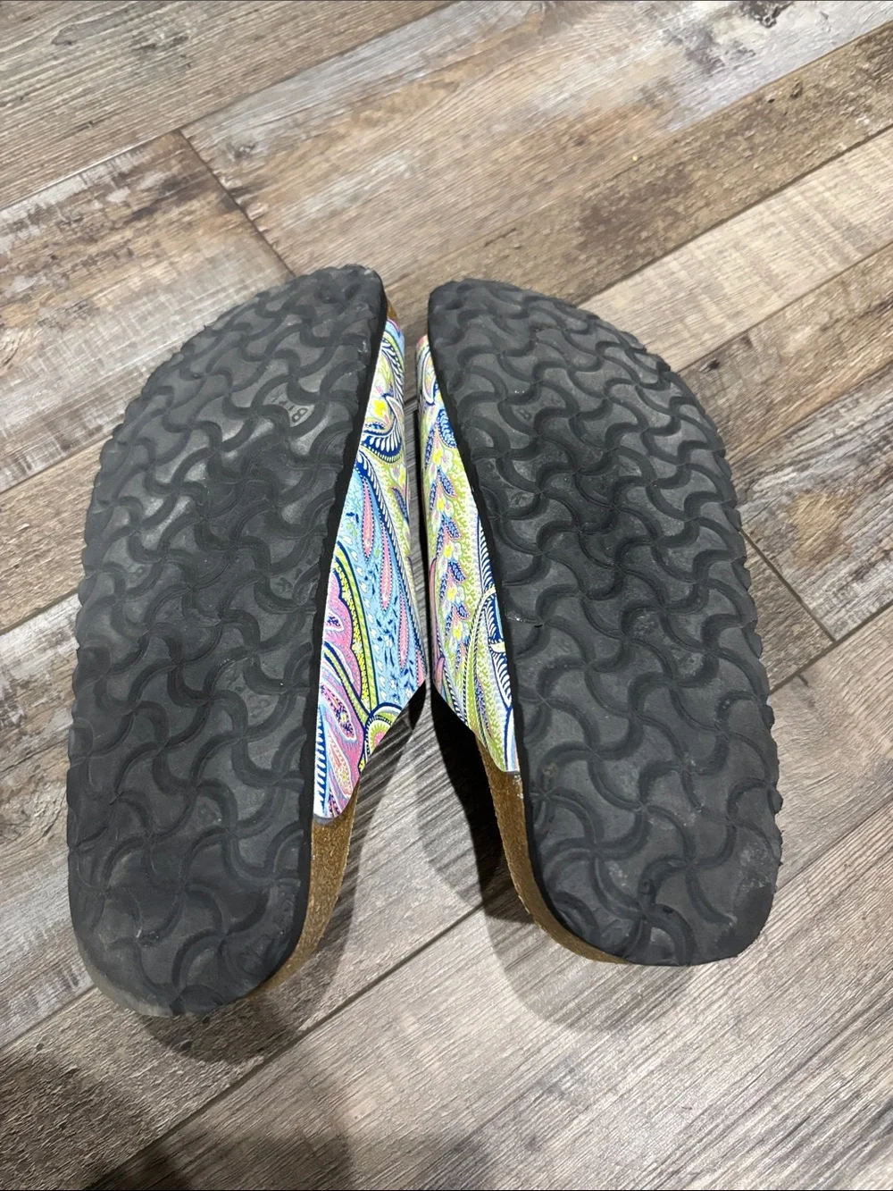 Birkenstock Multicolor Paisley Slide Sandals with Blue Buckles